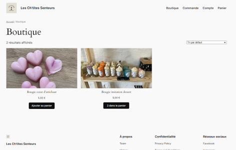 Slide 2 - Page d'un site de vente de bougies présentant les différents produits